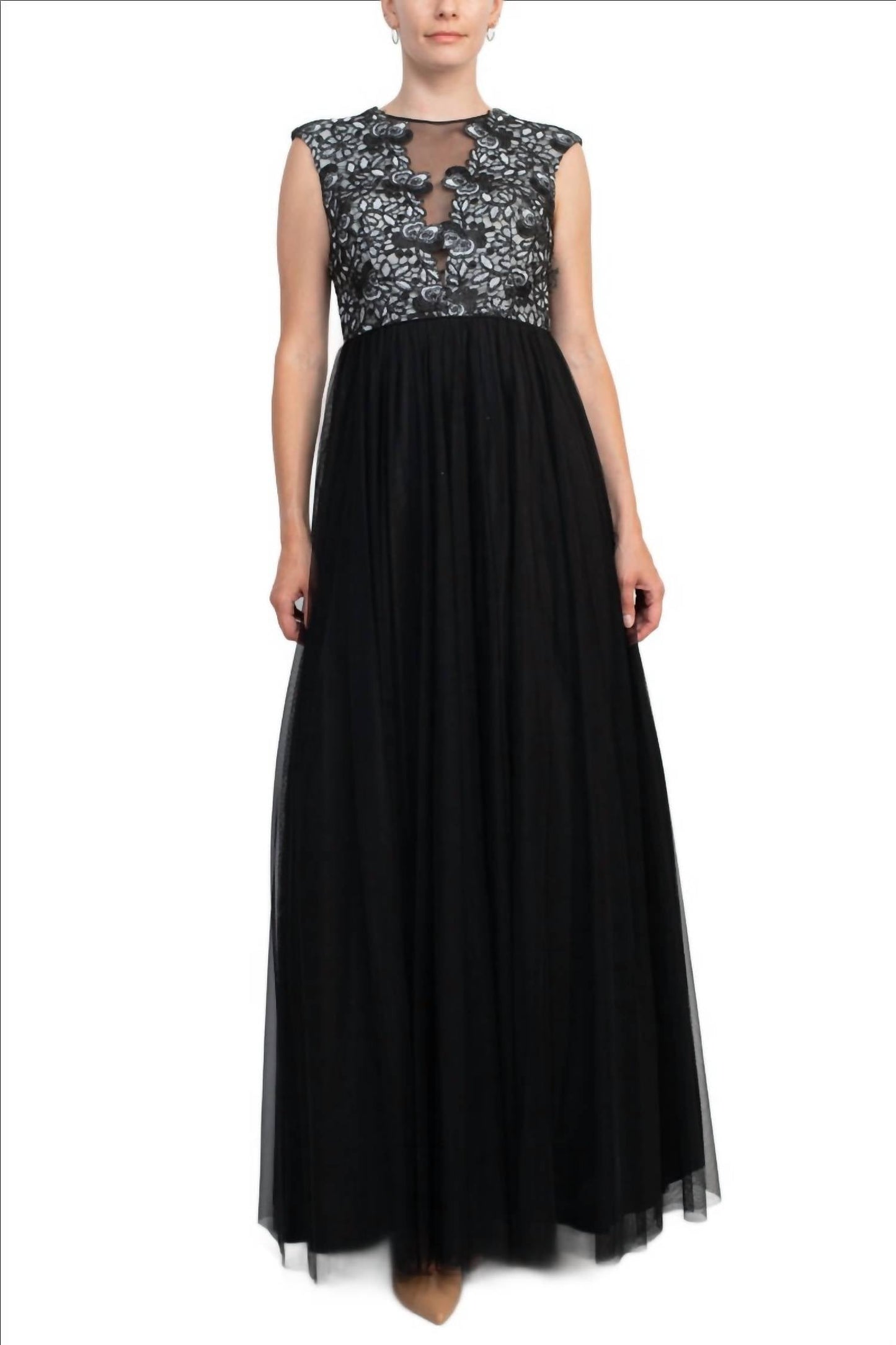 Aidan Mattox - Floral Open Back Embroidered Bodice Ruched Mesh Dress