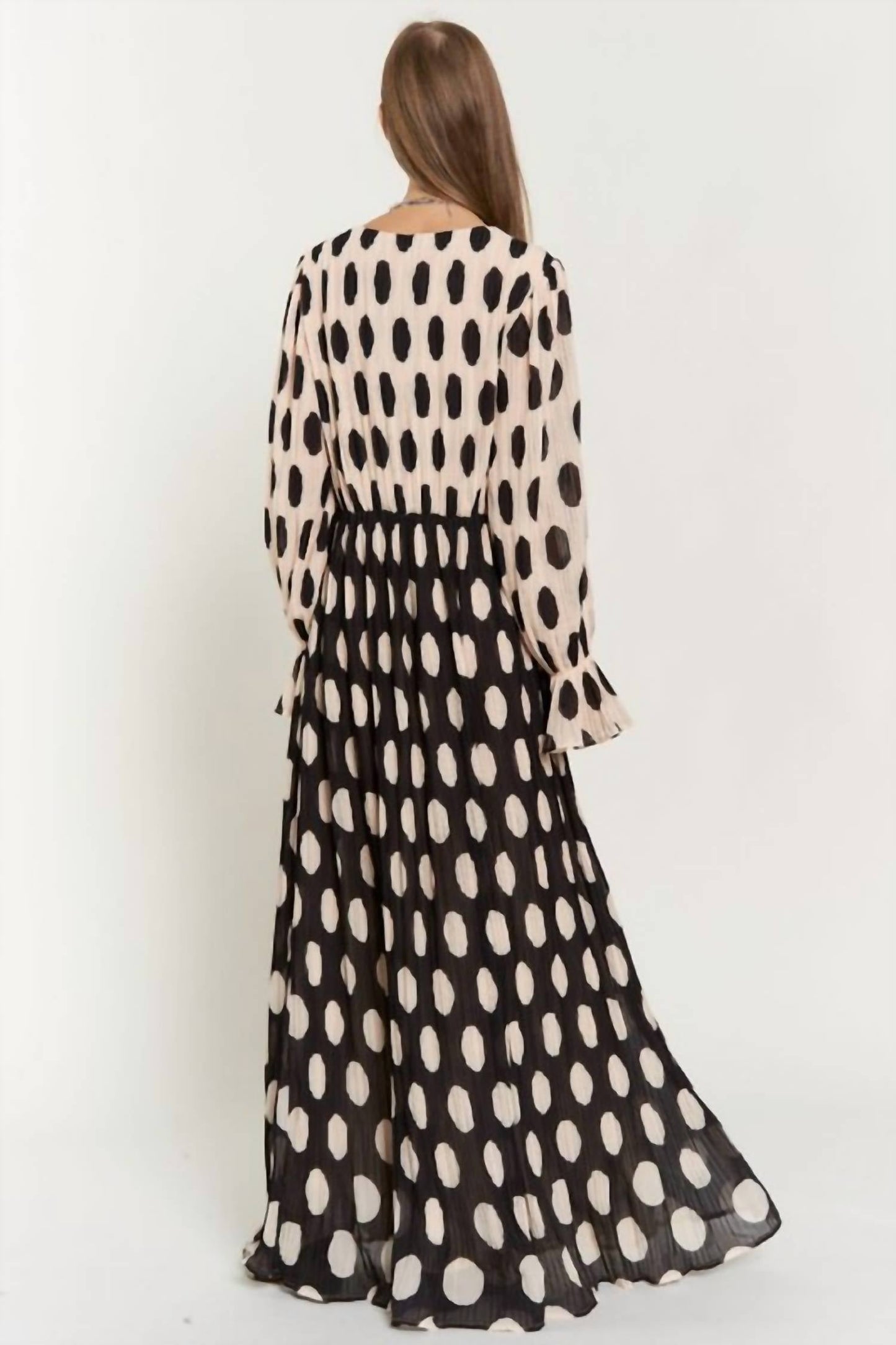 Davi & Dani - Polka Dot Ruffled Long Sleeve Pleated Maxi Dress