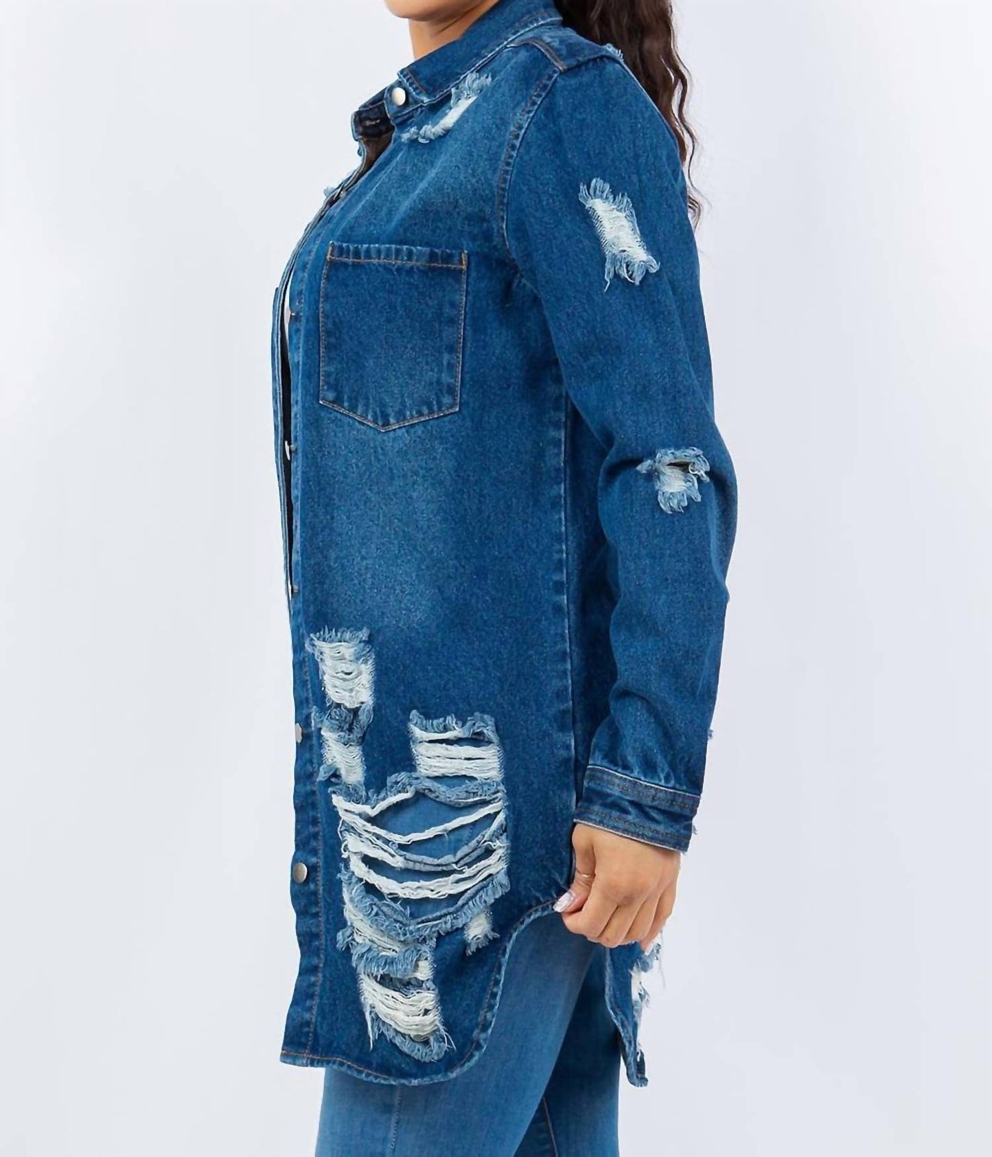 American Bazi - Distressed Button Up Long Sleeve Denim Jacket