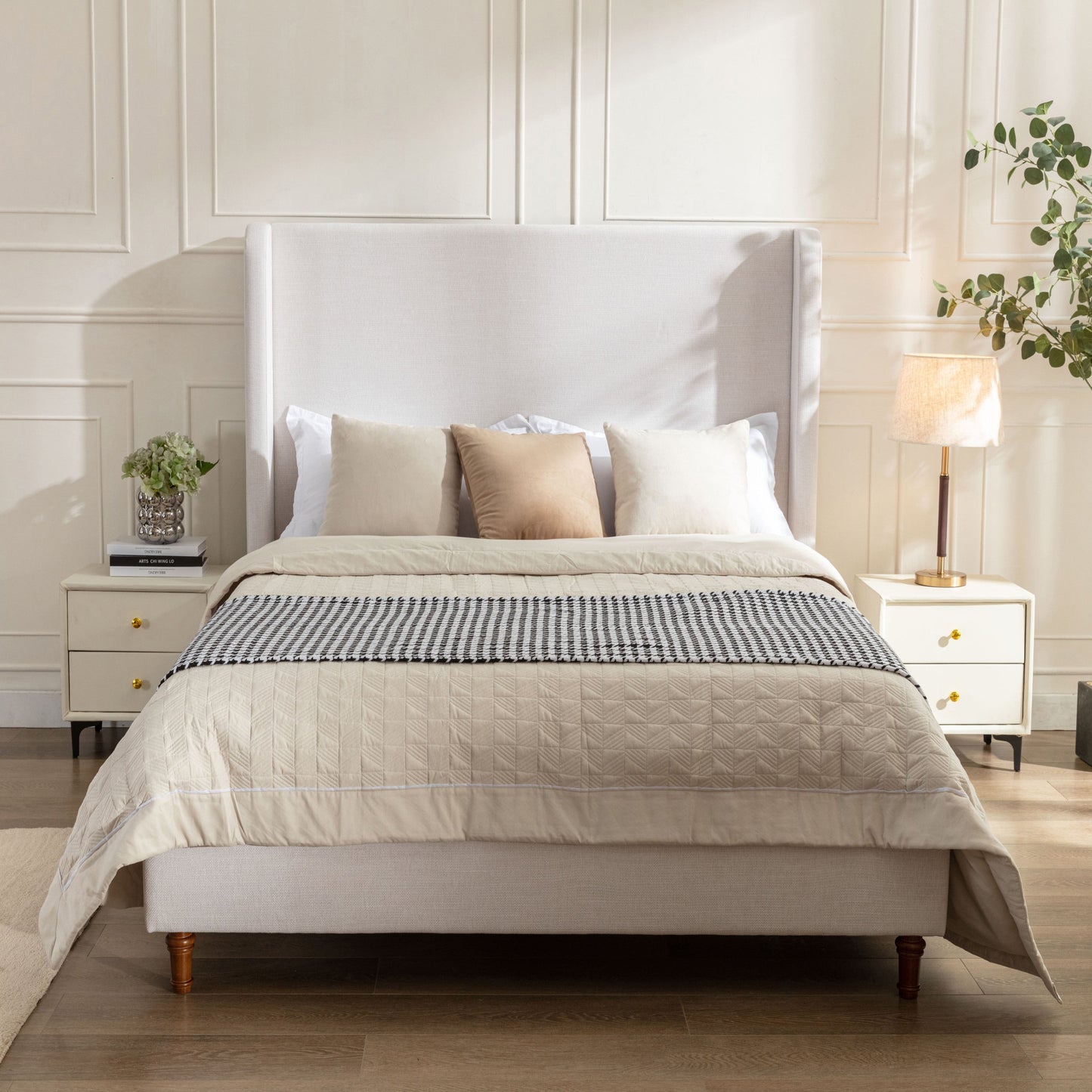 Harper Tall Headboard Upholstered Bed in Textured Ivory Canvas