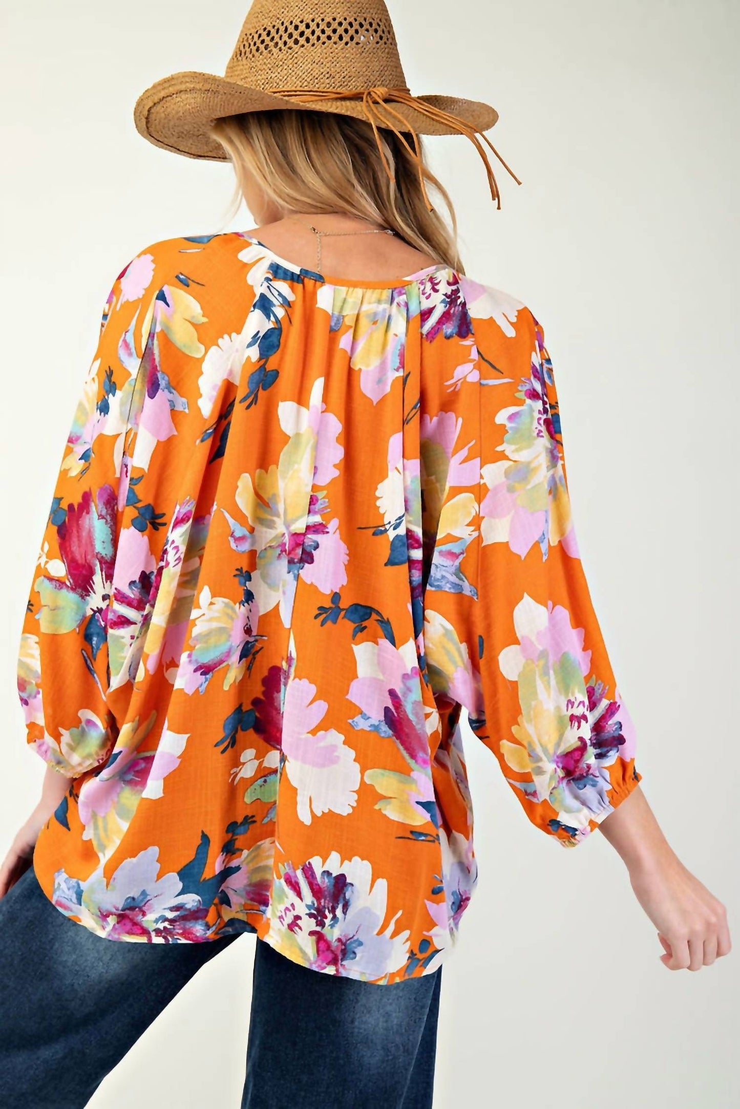 Easel - Tropical Floral V-neck 3/4 Sleeves Top