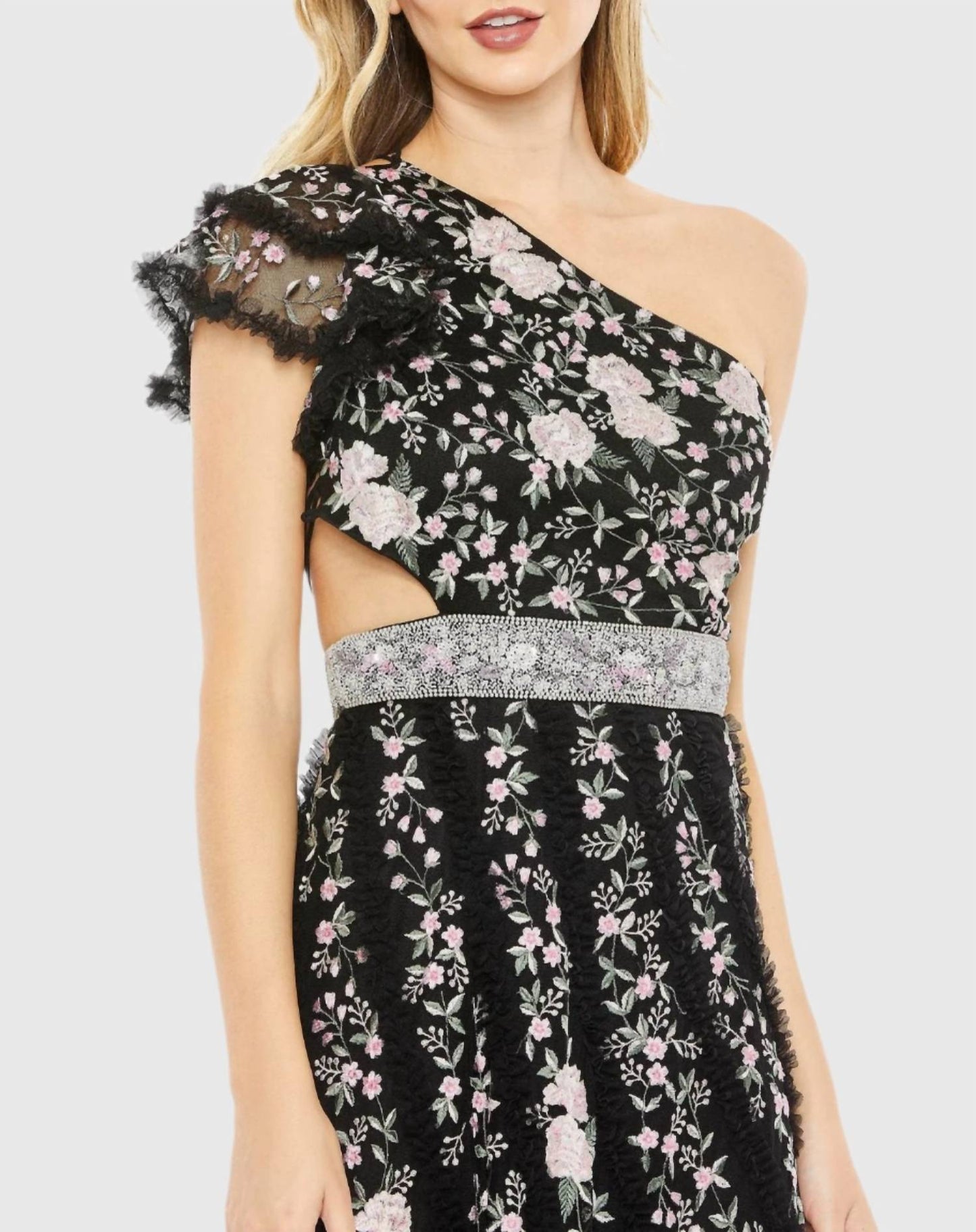 Mac Duggal - Embroideredruffled One Shoulder Lace Up Gown