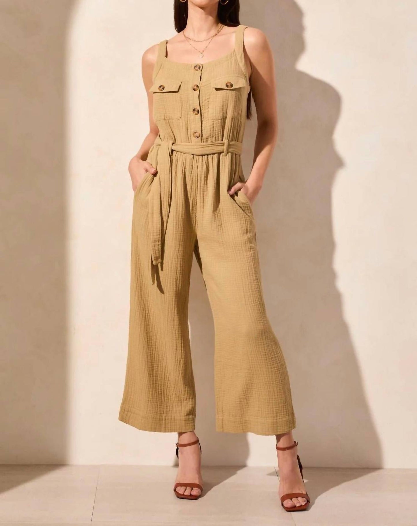 Tribal - Sleeveless Button-front Gauze Jumpsuit