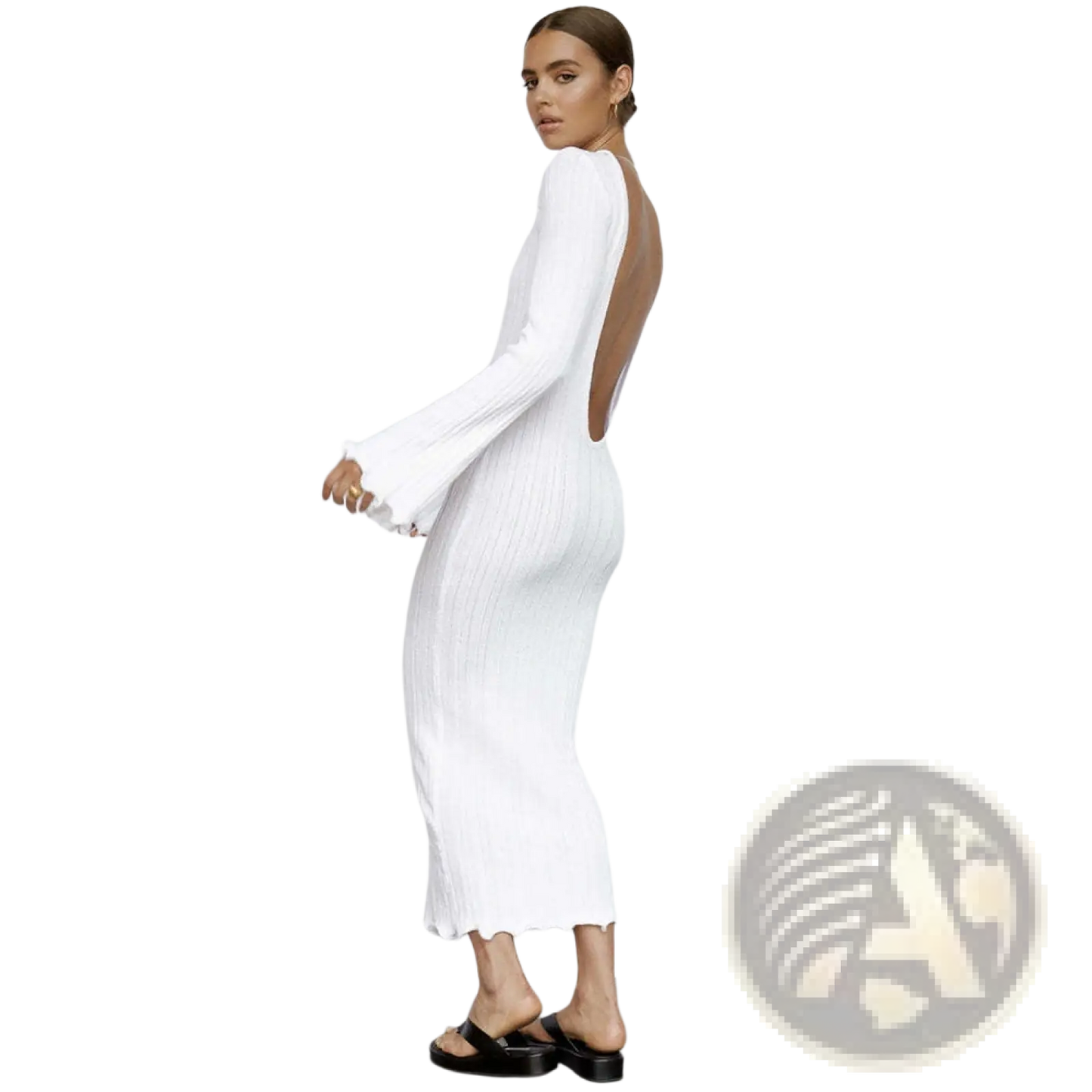 Backless Ruffled Ribbed Knit Bodycon Maxi Dress