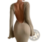 Backless Ruffled Ribbed Knit Bodycon Maxi Dress