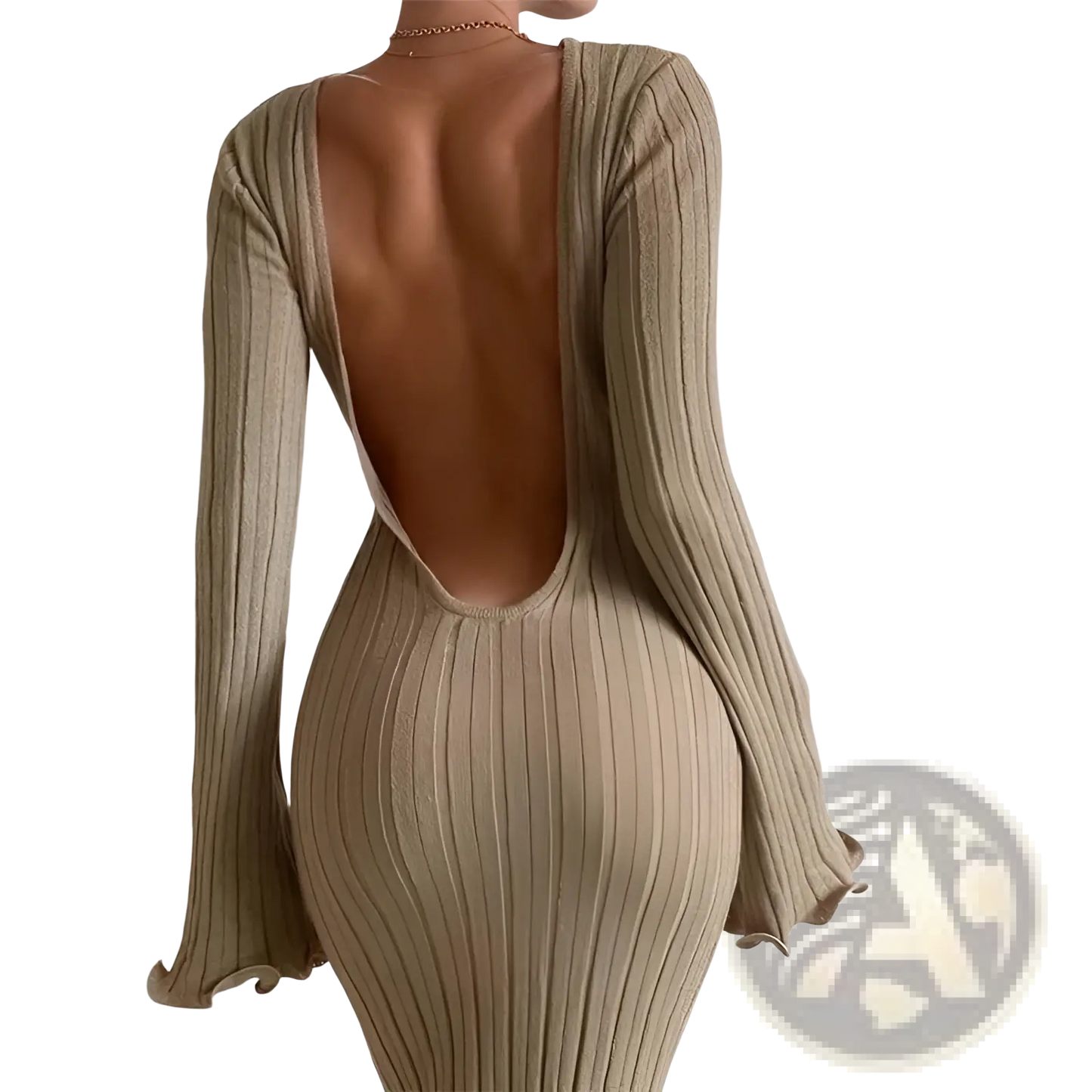 Backless Ruffled Ribbed Knit Bodycon Maxi Dress