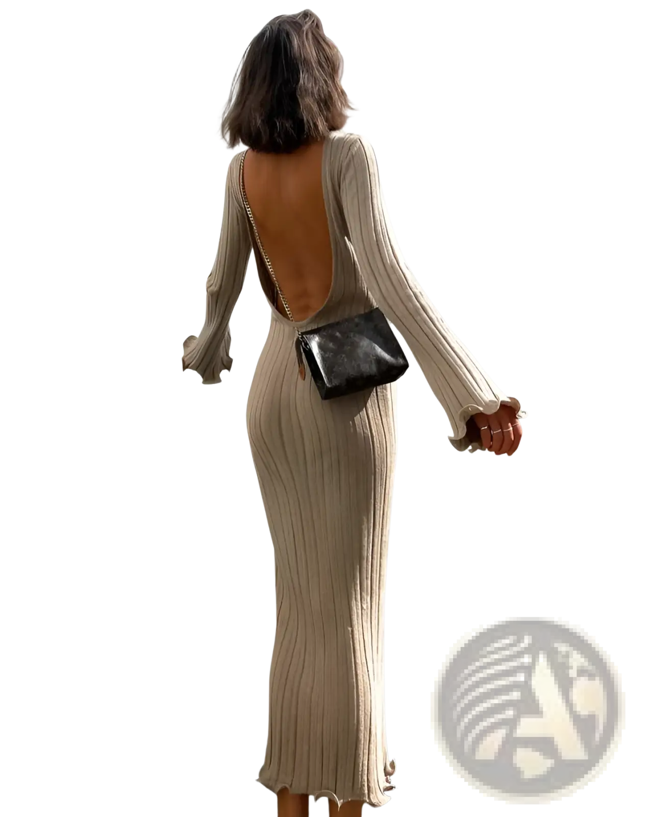 Backless Ruffled Ribbed Knit Bodycon Maxi Dress