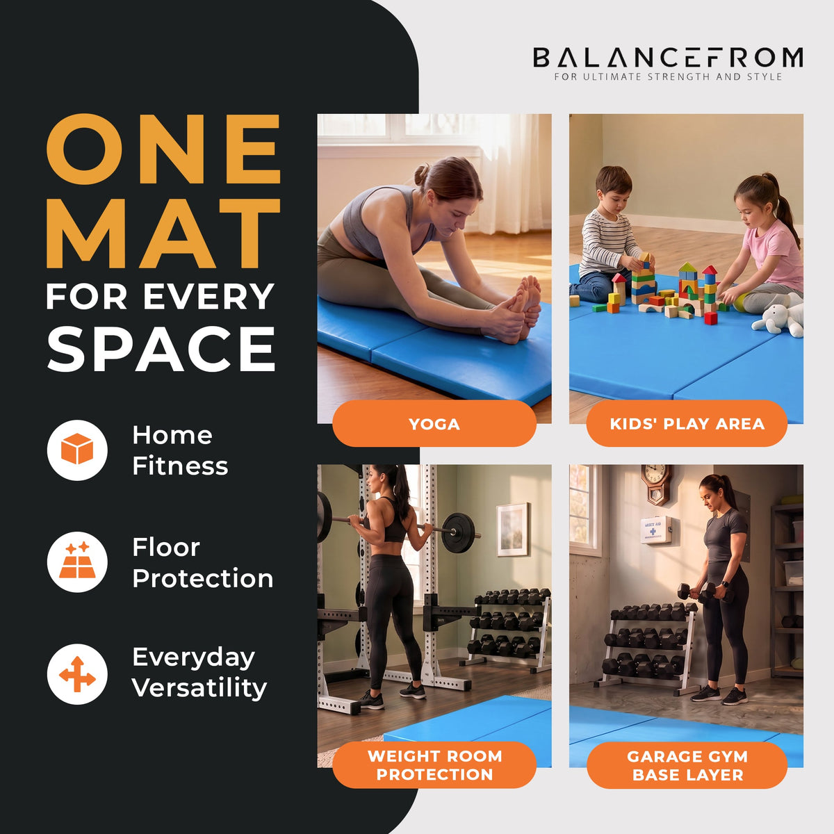 Tapete de exercícios dobrável BalanceFrom Fitness GoGym 6x2 pés com alças, azul (pacote com 2)