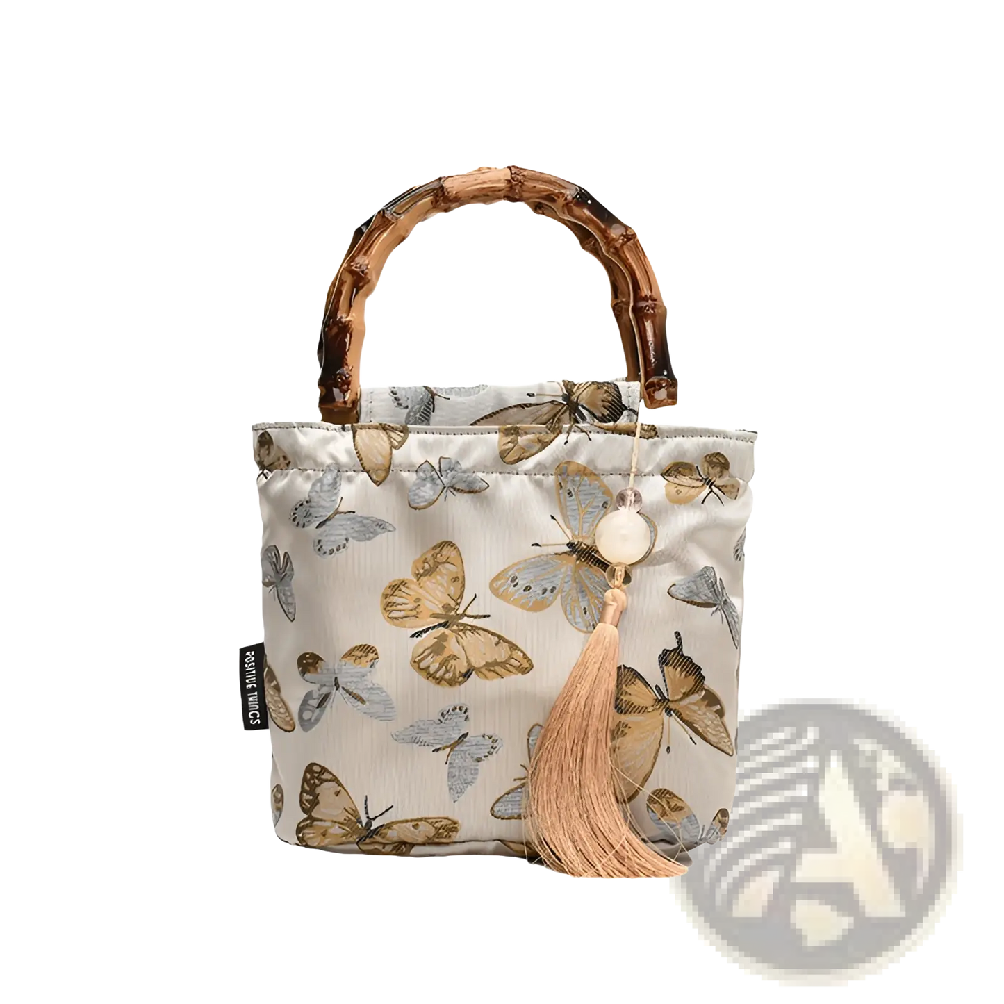 Bamboo Handbag with Tassel and Forest Pattern Canvas