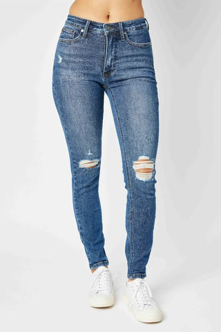 Judy Blue - Jeans Skinny Destroy com Controle de Barriga de Cintura Média