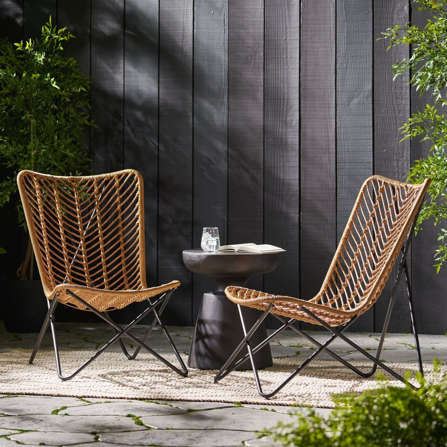 Wicker Chair with Geometric Cross Base (Set of 2) - Light Brown
