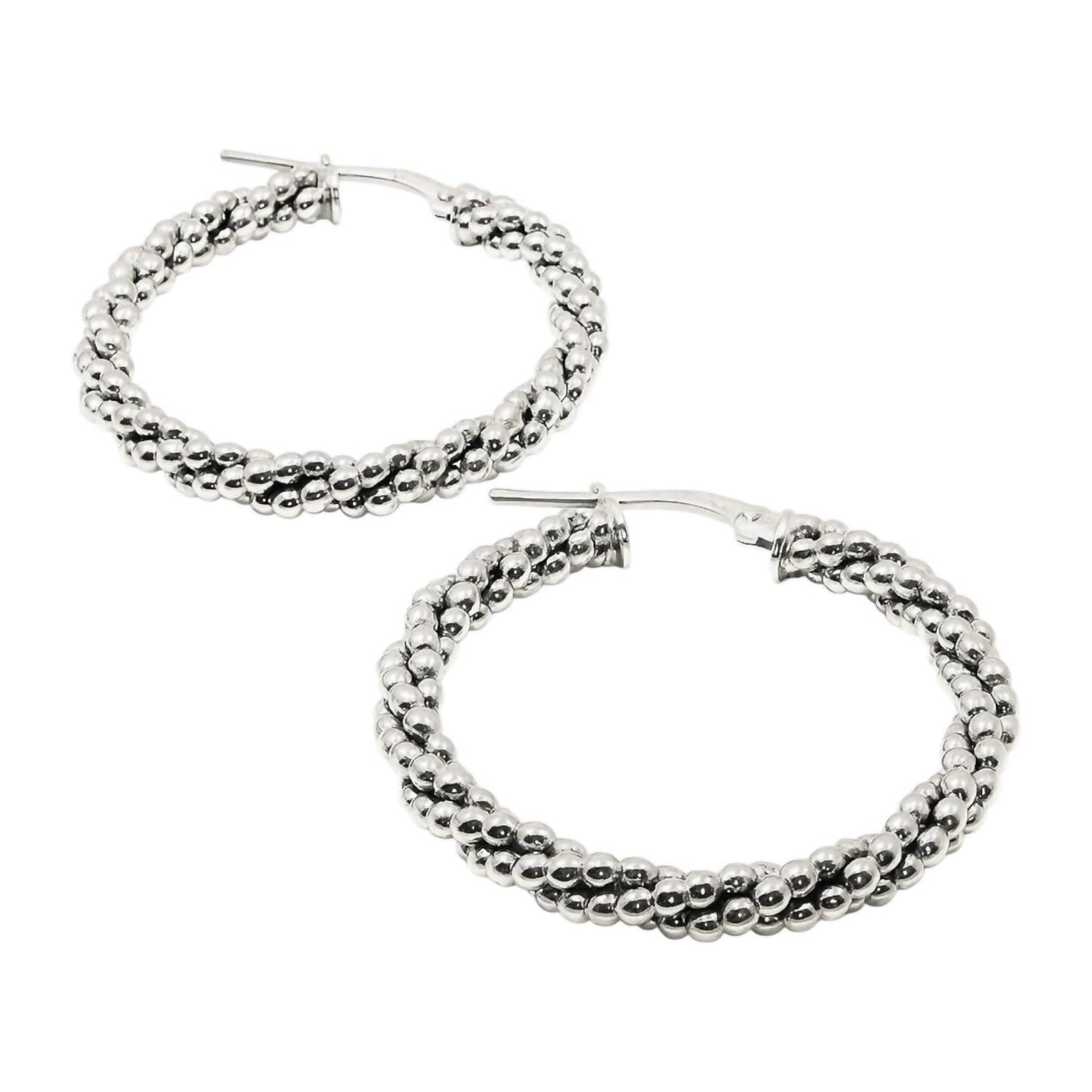 Allyanna Gifts - Women's Rhodium Beaded Twisted Round Hoop Earrings