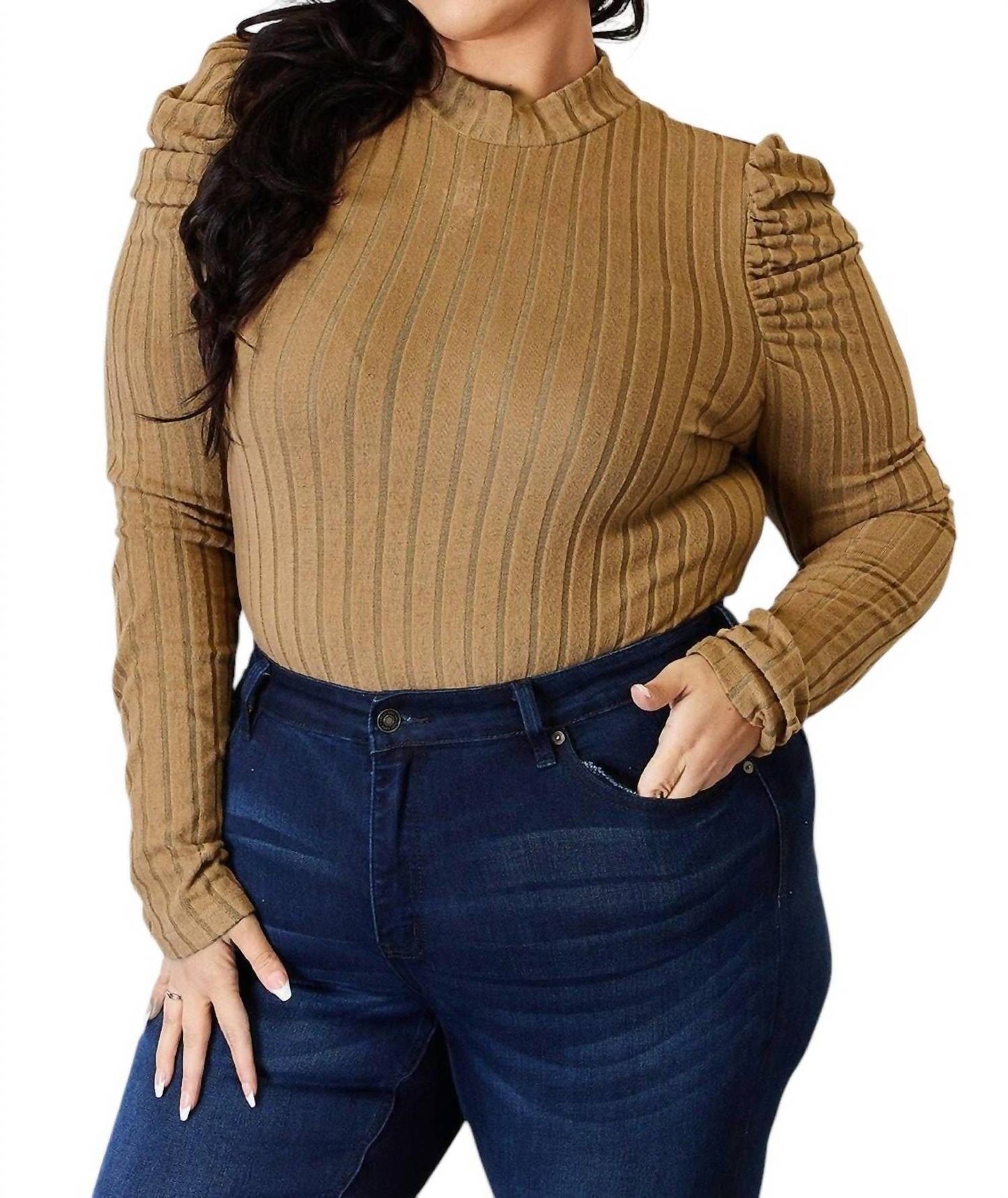 Basic Bae - Ribbed Mock Neck Top With Puff Sleeves