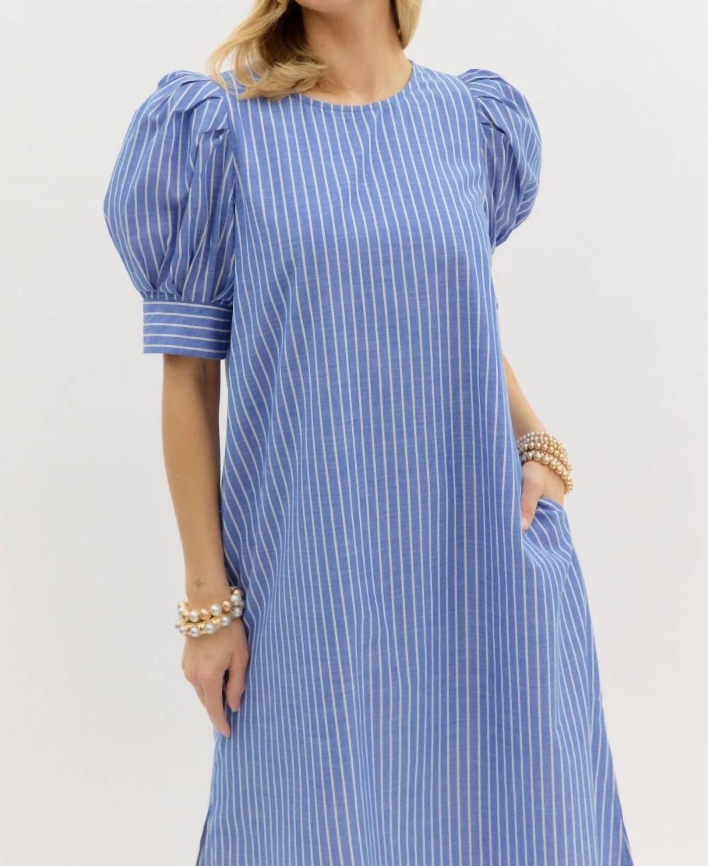 Entro - Pleated Cuff Band Striped Mini Dress