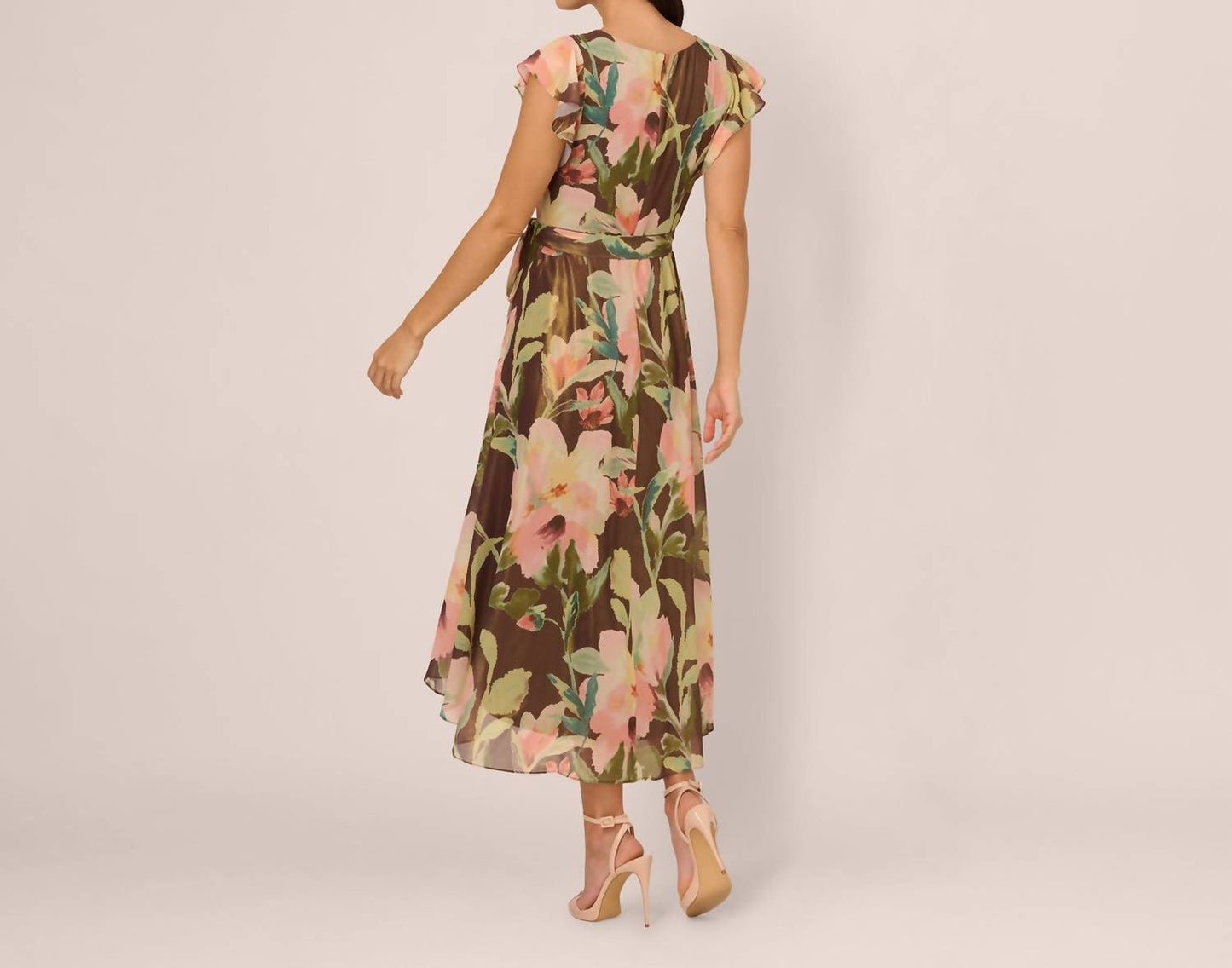 Adrianna Papell - Flutter Sleeve High Low Midi Wrap Dress