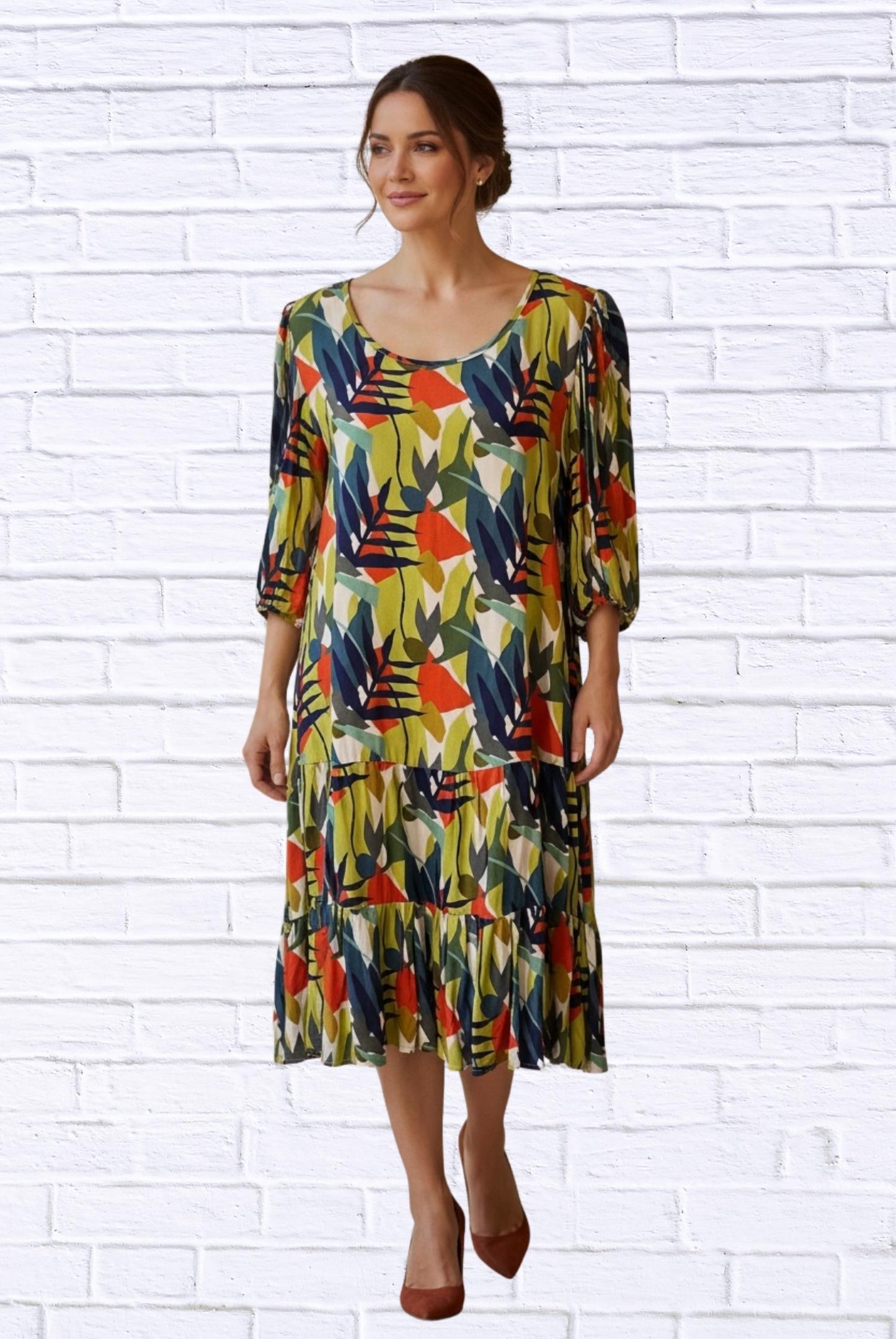 Calypso - Abstract Leaf Print Woven Midi Dress