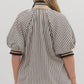 Entro - Stripe Pattern Half-zip Closure Short Puff Sleeve Top