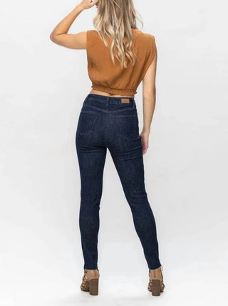 Judy Blue - Calça jeans skinny com controle de barriga e cintura alta e bainha crua