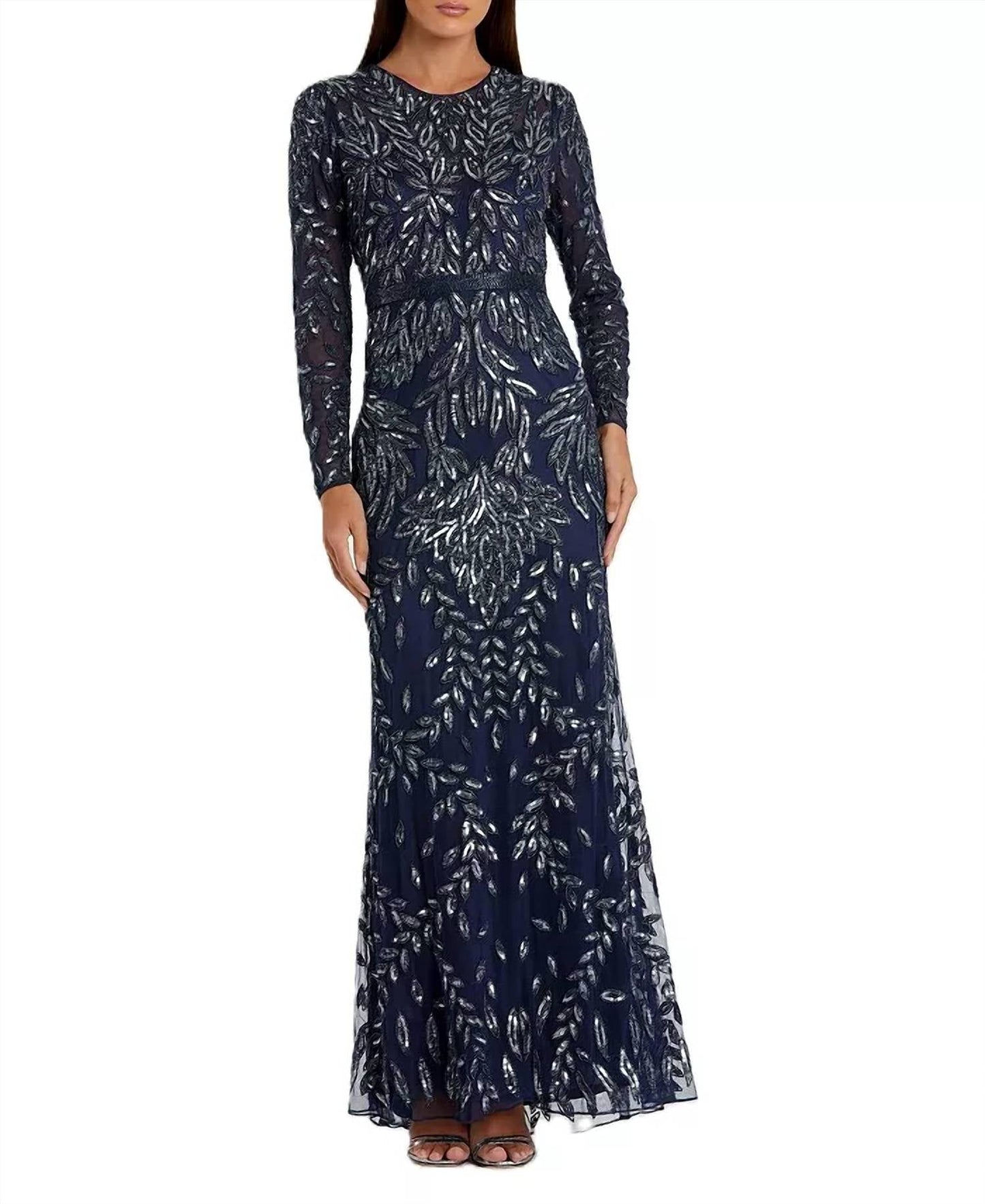 Mac Duggal - Long Sleeve Illusion Neck Sequin Beaded Gown