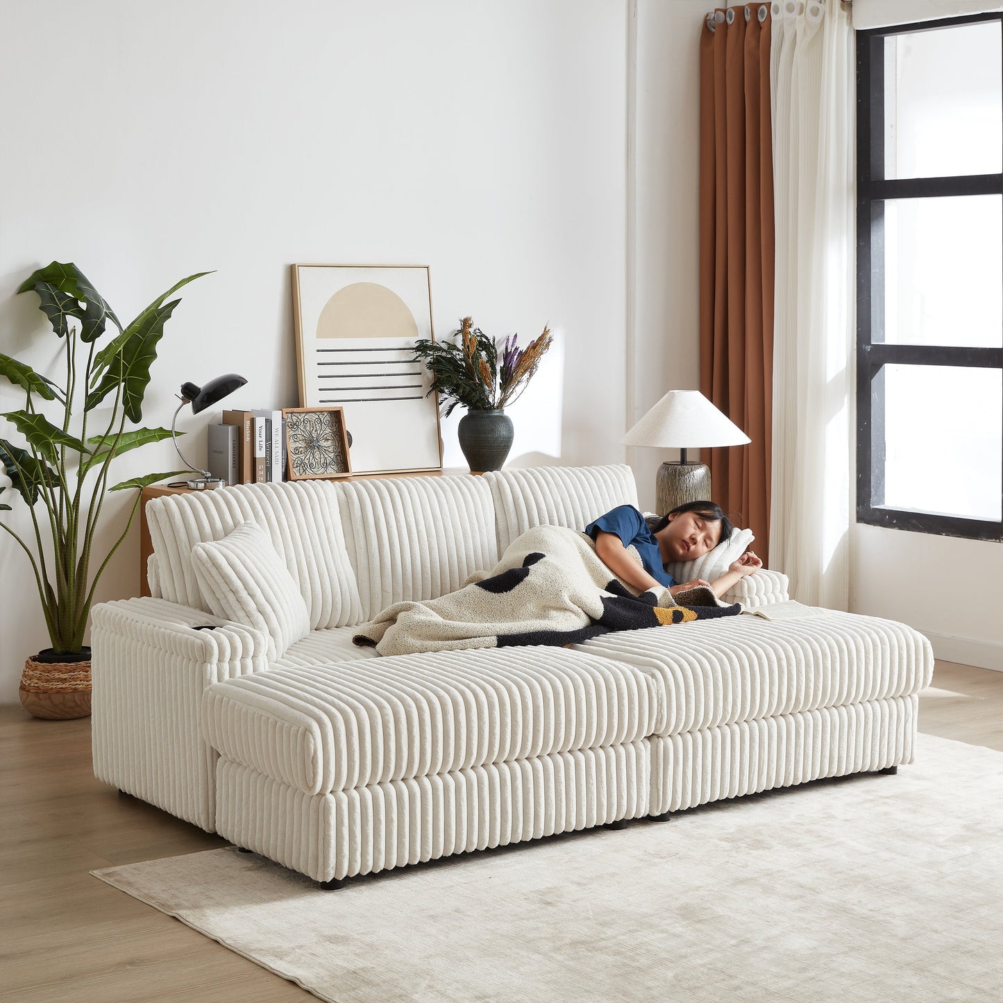 84-Inch Corduroy 3-Seater Sofa with Pillows and Ottomans