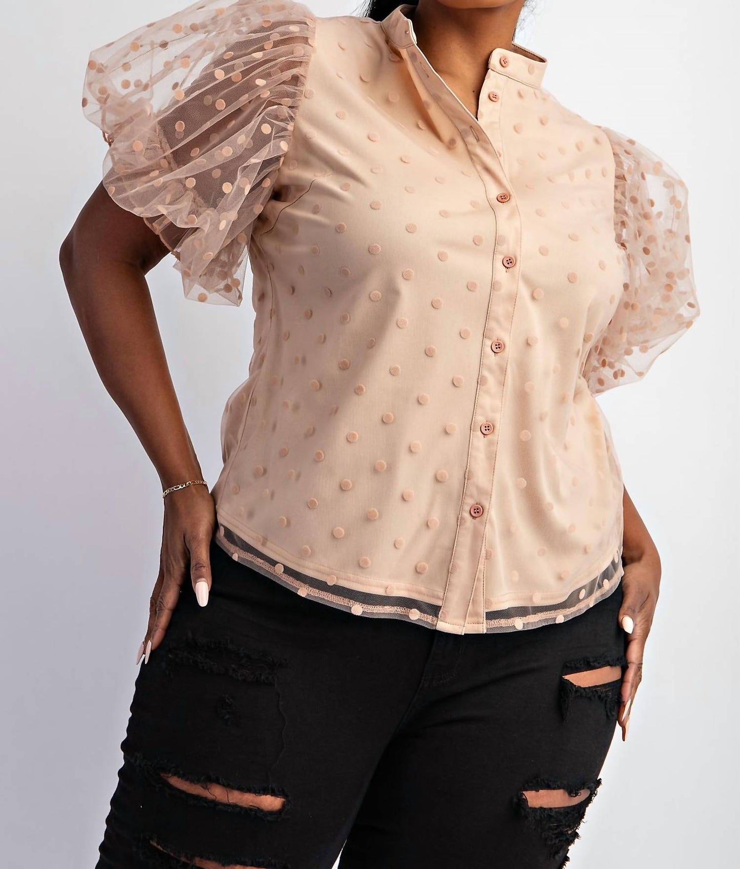 The Curve La - Plus Size Dot Mesh Knit Shirt With Puff Sleeve