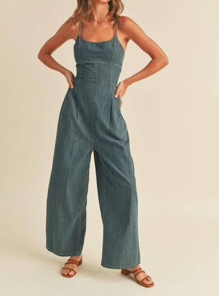 Miou Muse - Lace-up Washed Denim Jumpsuit