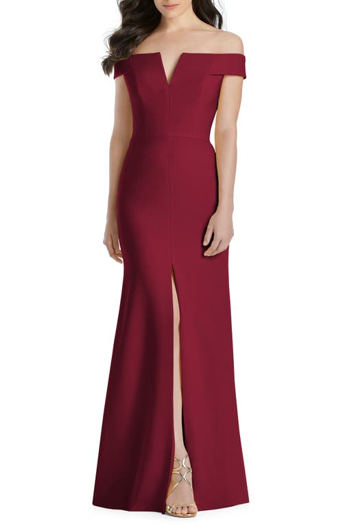 Dessy Collection Notched Off the Shoulder Crepe Gown in Burgundy, Size 10