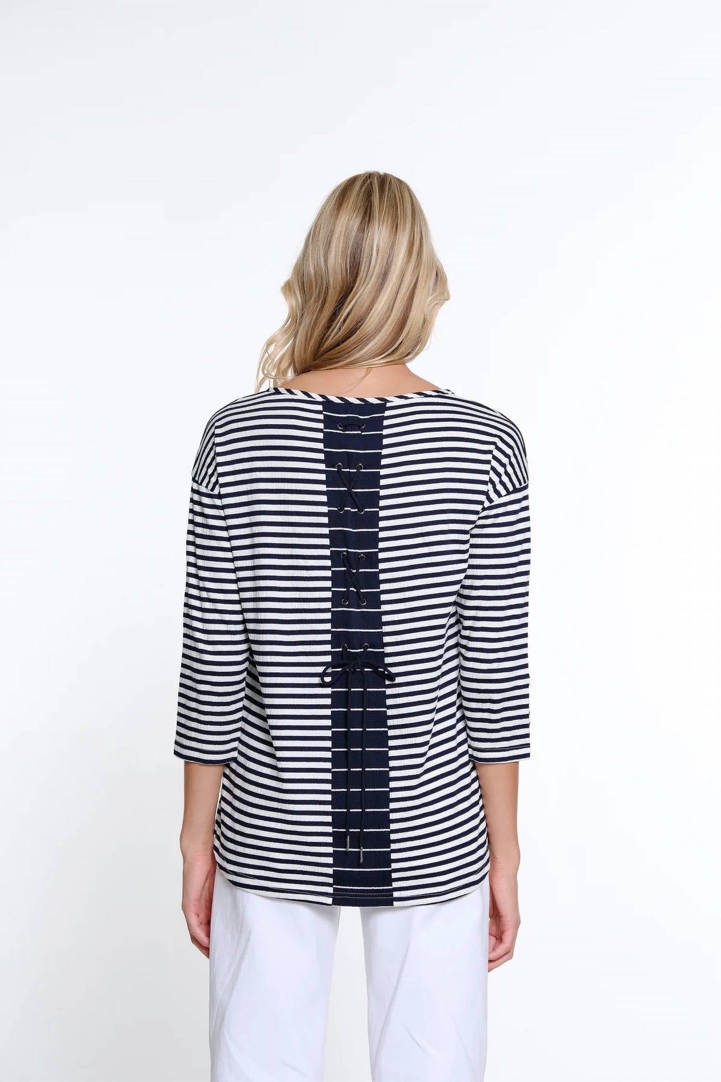 Multiples - 3/4 Sleeve Striped Laced Back Top