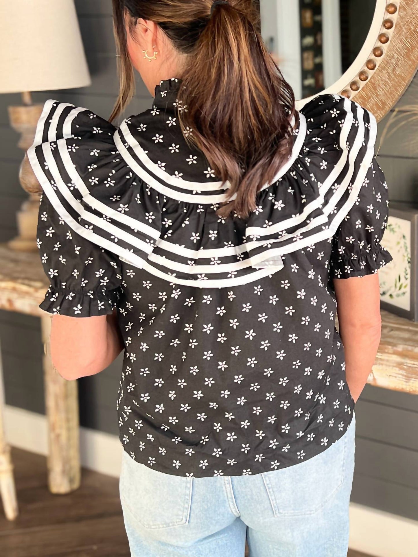 Tcec - Floral Ruffle Detail Button Up Top