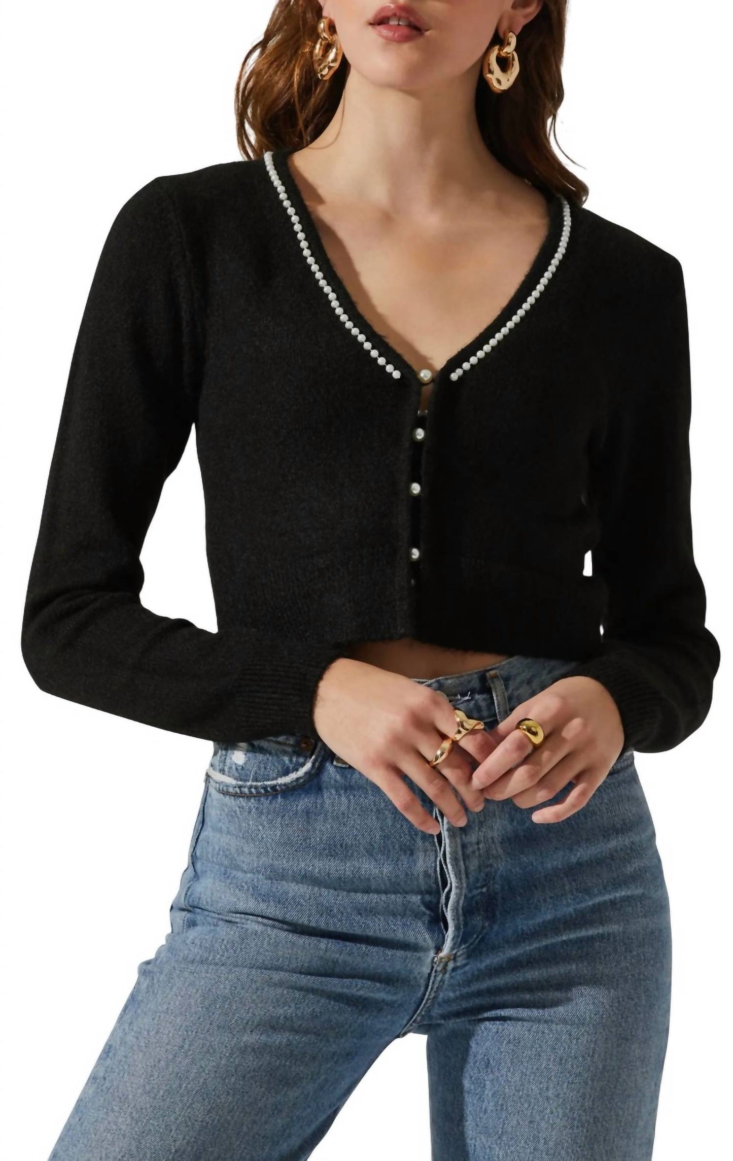 Astr - Melissa Imitation Pearl Trim Cardigan And Bralette Set