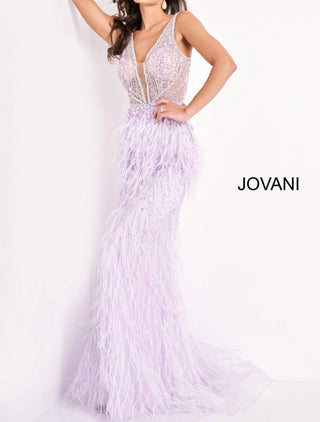 Jovani - Vestido de penas com corpete transparente e embelezado