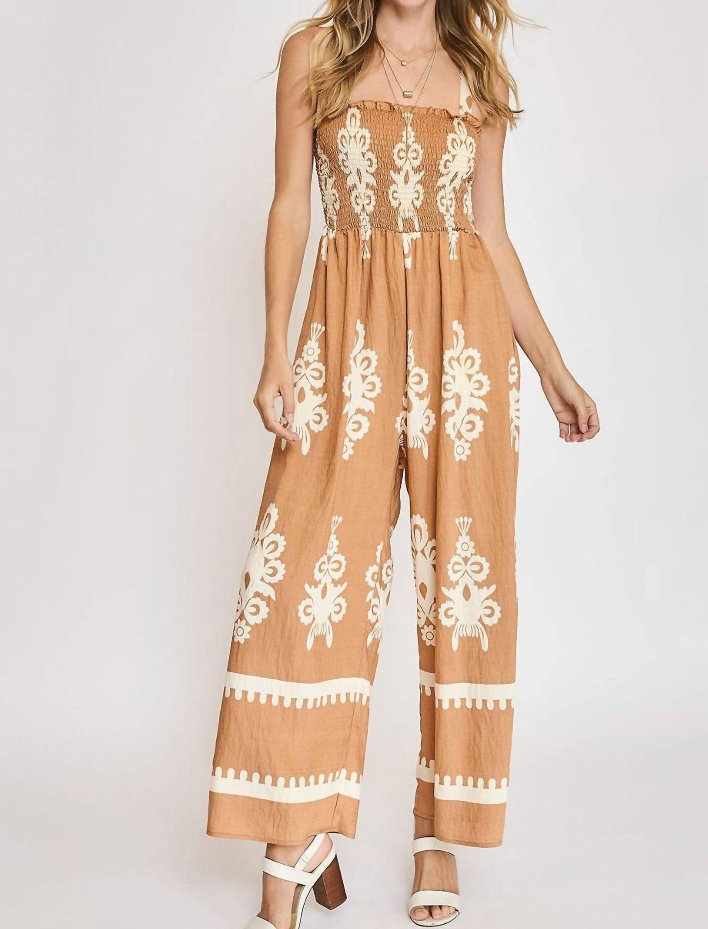 Trendsi - Umgee Full Size Smocked Printed Wide Leg Jumpsuit Plus Size