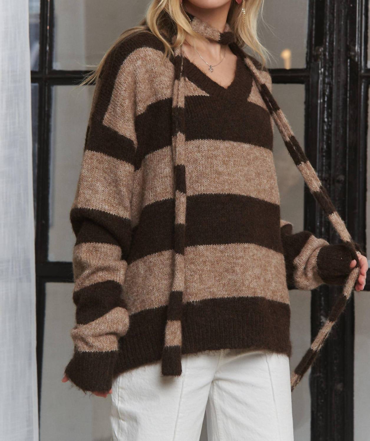 Adora - Stripes Knit Sweater With Scarf