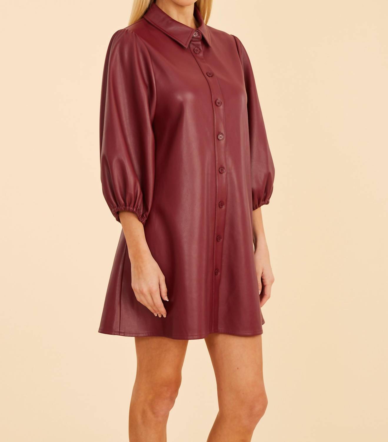 Dolce Cabo - Puff Sleeves Faux Leather Dress