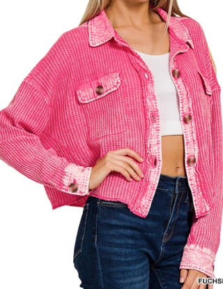 Zenana - Blusa curta de malha waffle com lavagem ácida