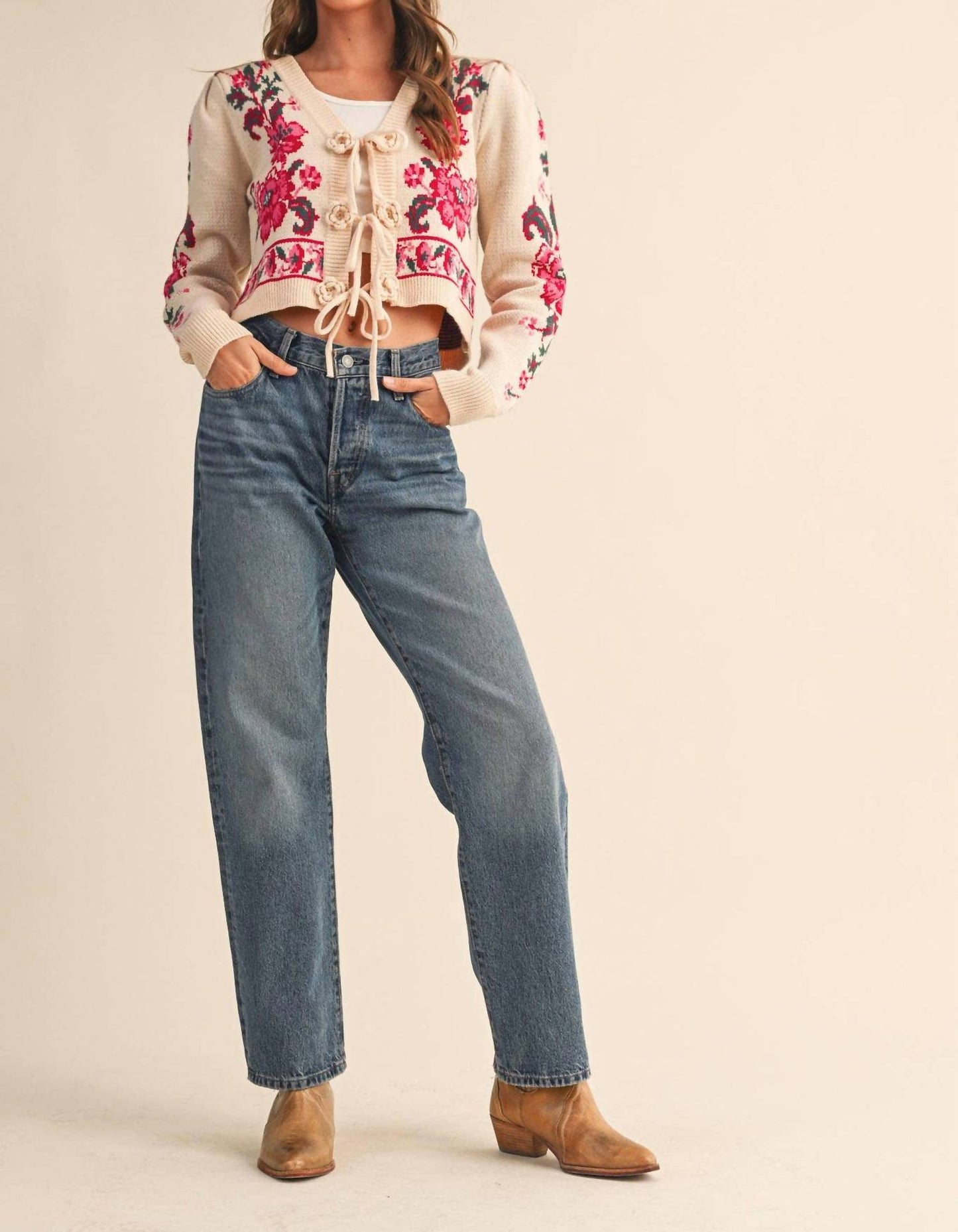 &Merci - Floral Knit Tie-front Cropped Sweater Cardigan