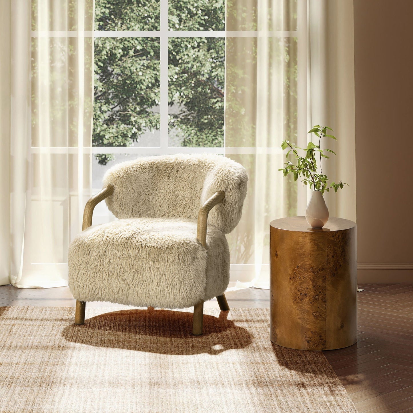 Becker Rustic Oak Sheepskin Upholstered Accent Arm Chair - Taupe Beige