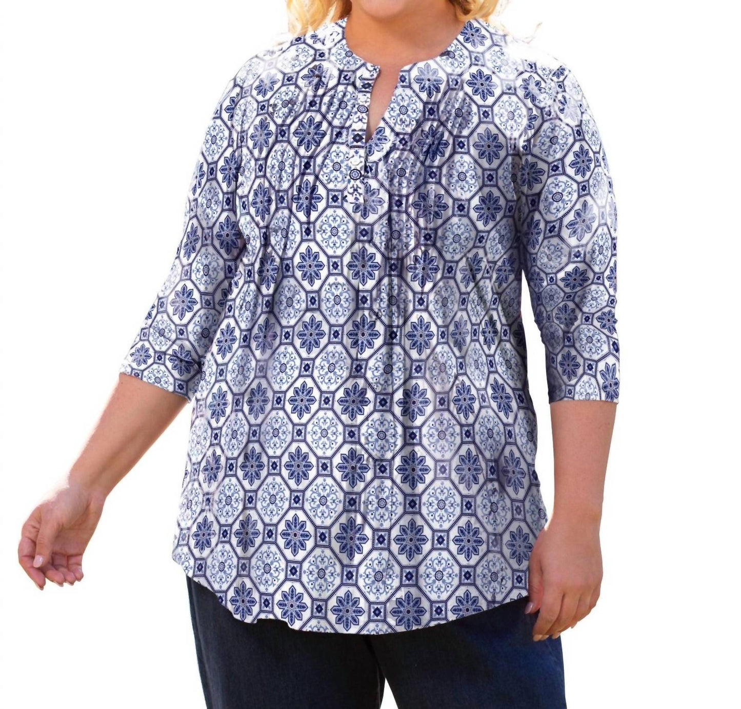 On The Plus Side - Printed Pleated 3/4 Sleeve Mandarin Collar Tunic Top