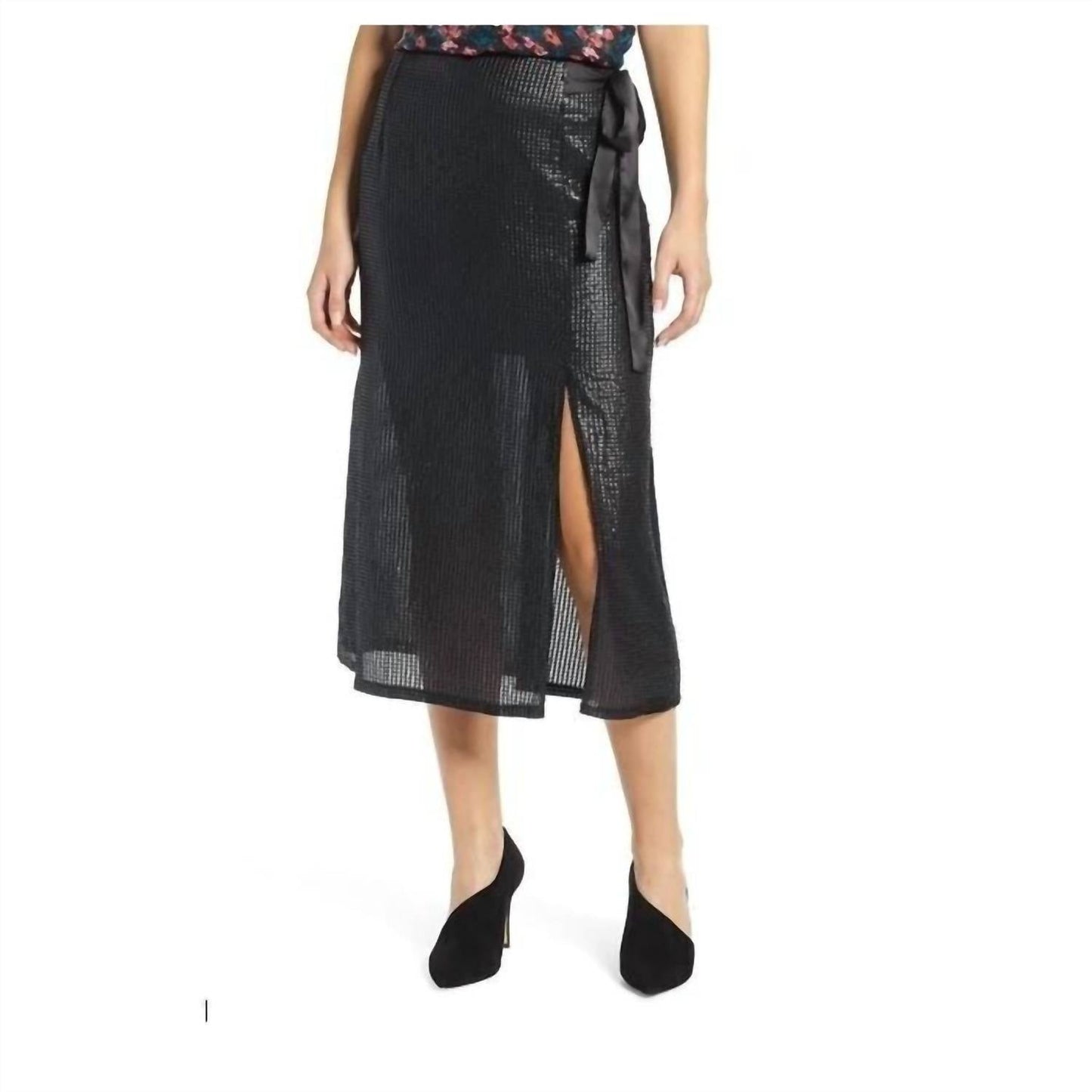 Something Navy - Faux Wrap Sequin Front Slit Tie Midi Skirt
