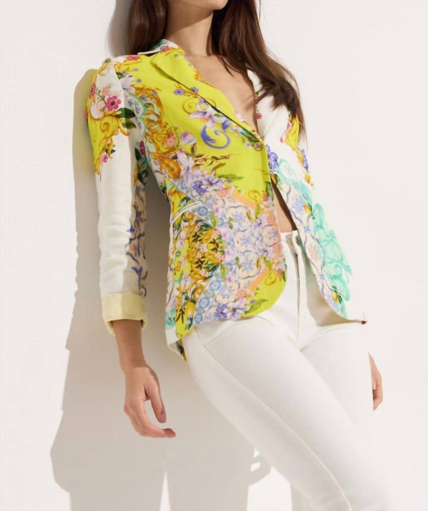 Oolala - Women's Linen Tapestry Button Blazer