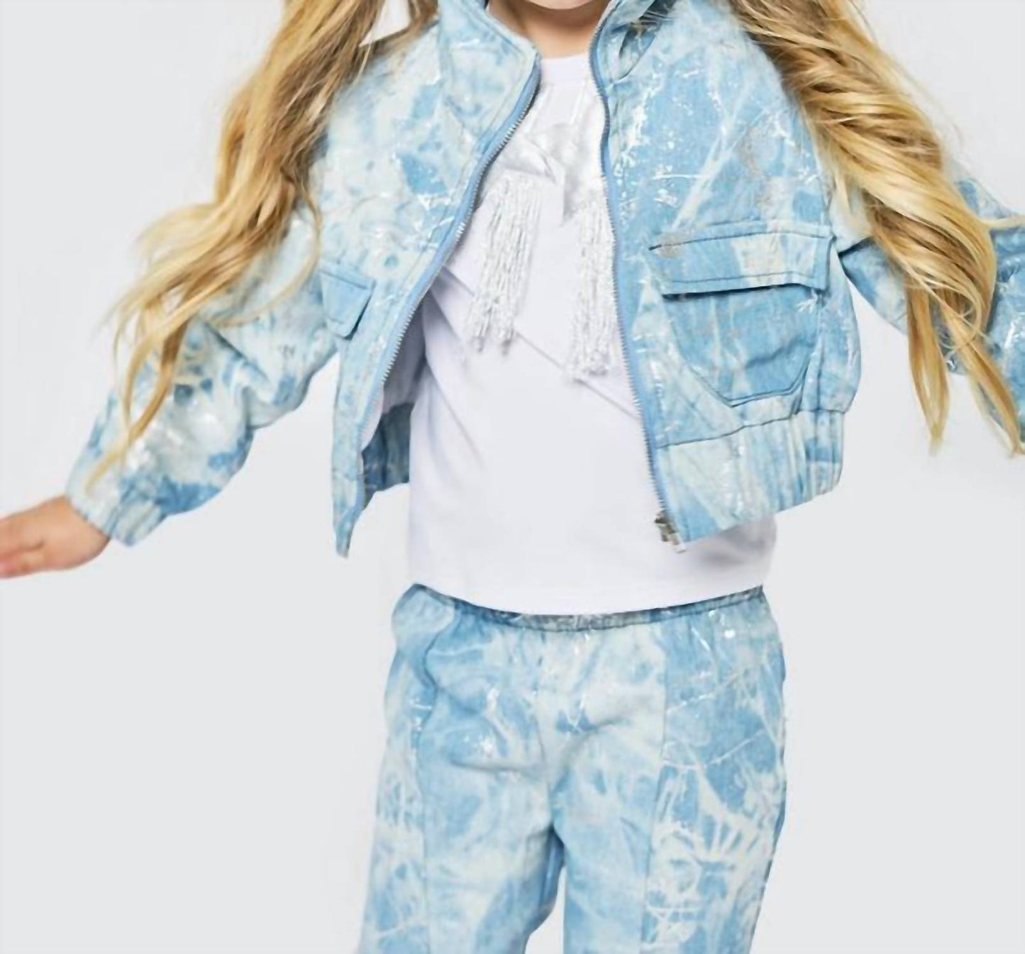 Baby Sara - Girls Metallic Printed Denim Bomber Jacket