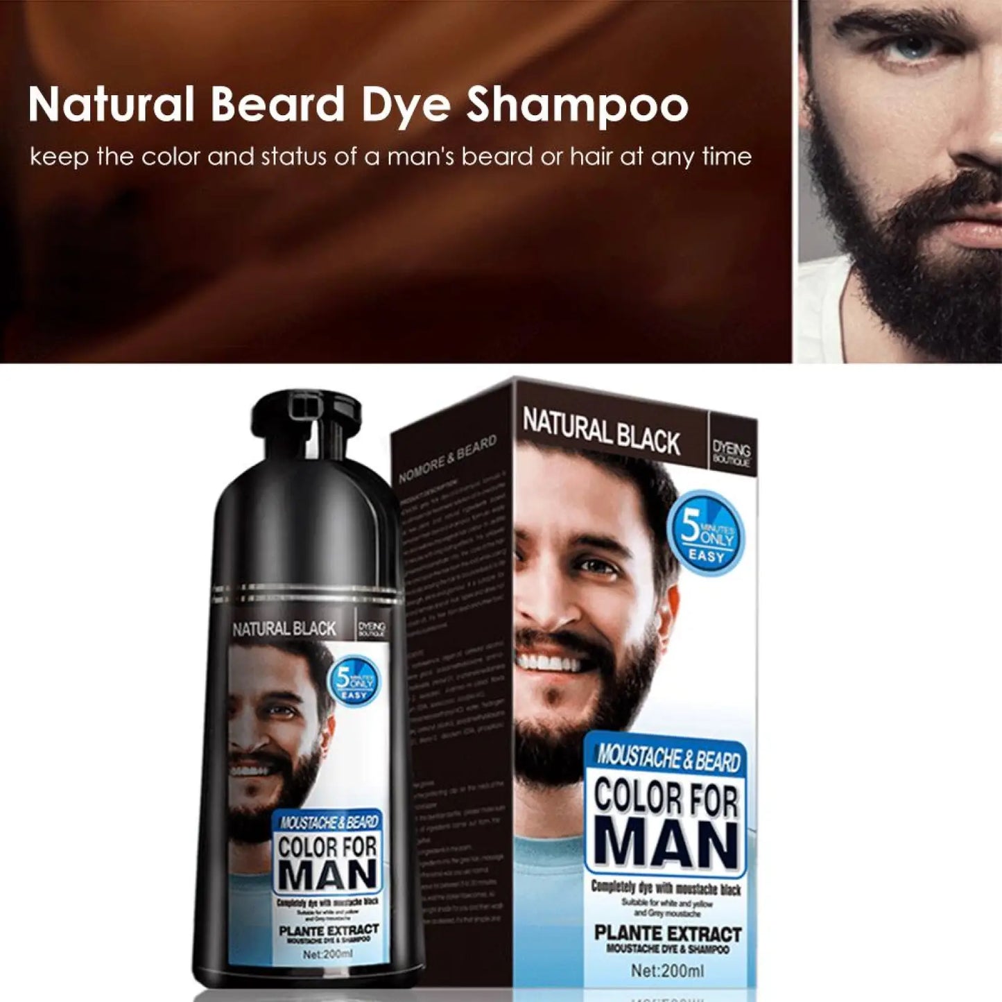 Black Beard Dye Shampoo Natural Permanent Hair Color 200ml