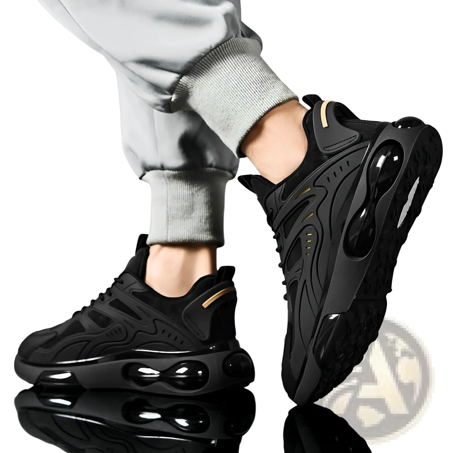 Black Breathable Mesh Sneakers with Gold Accents