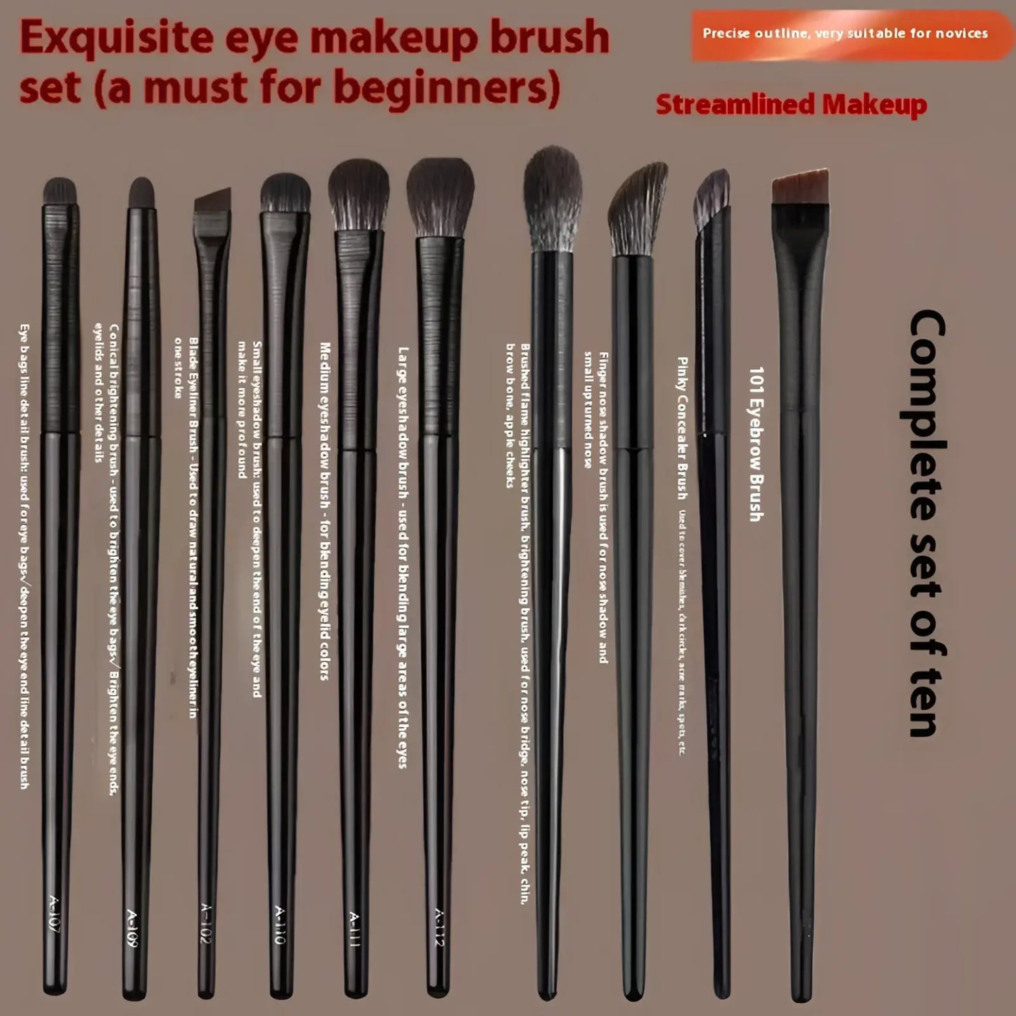 Black Eye Makeup Brush Set 10 Piece Matte Tools