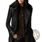 Black Faux Leather Double Breasted Trench Coat with Belt