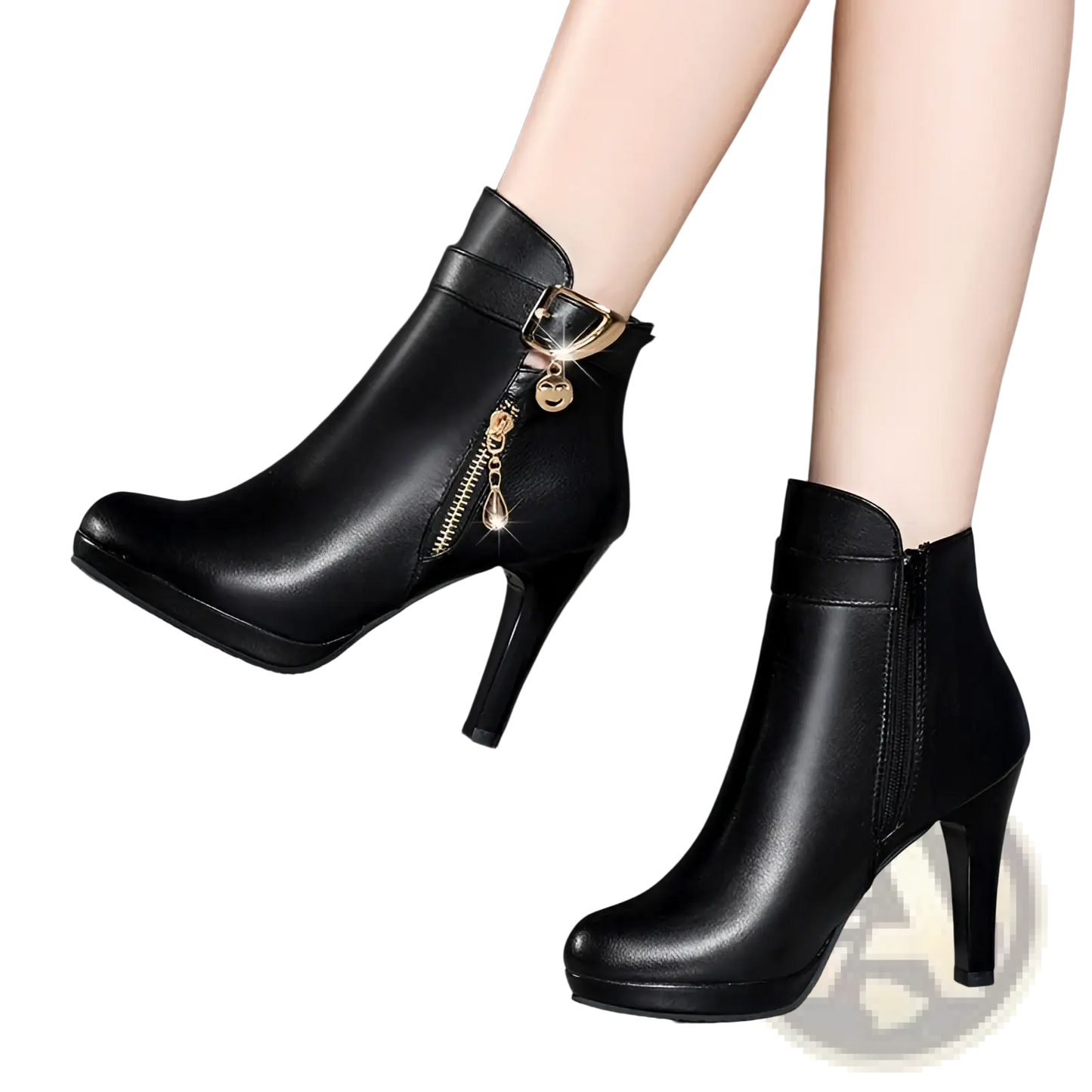 Black Leather Ankle Boots with Gold Buckle Heel