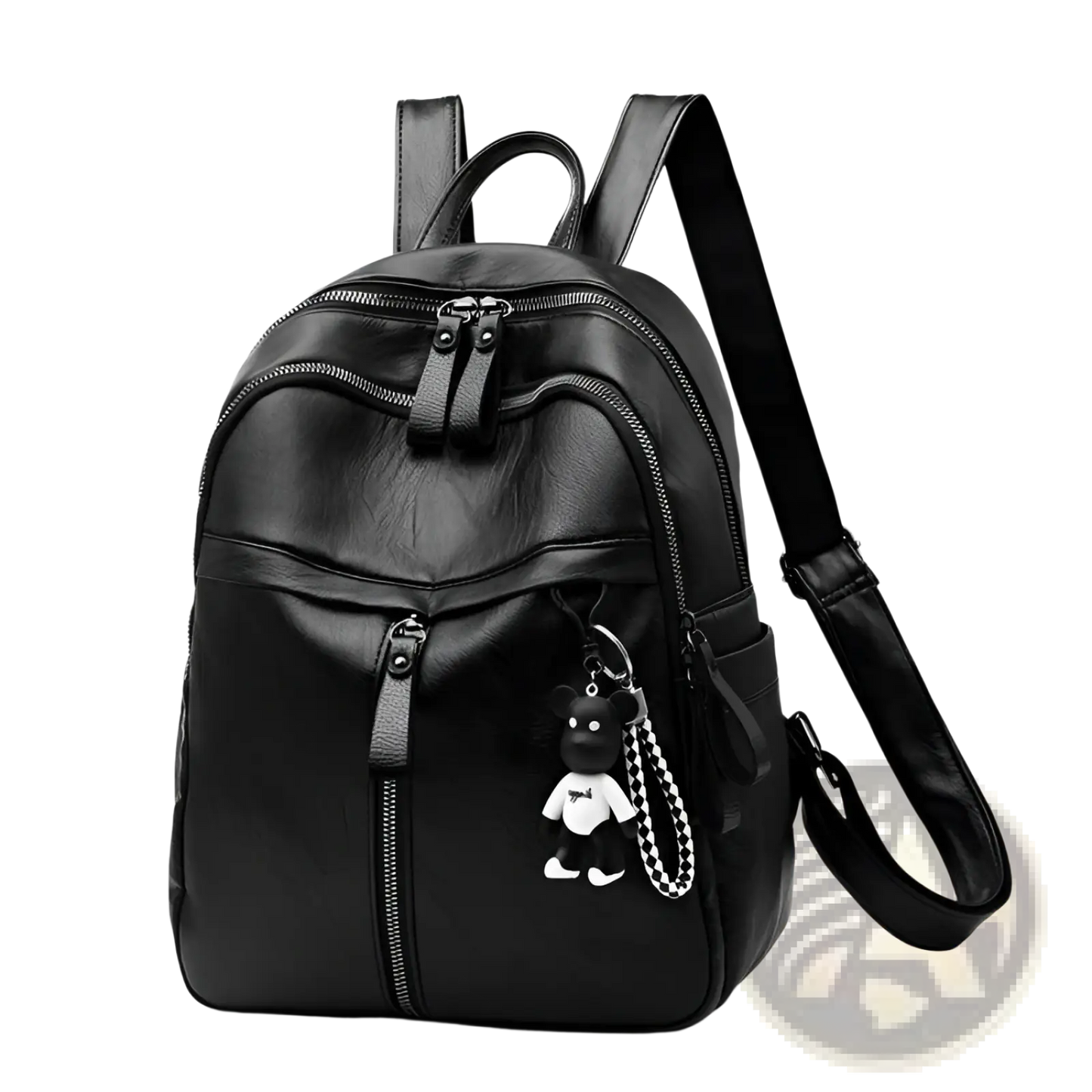 Black Leather School Backpack with Bear Charm