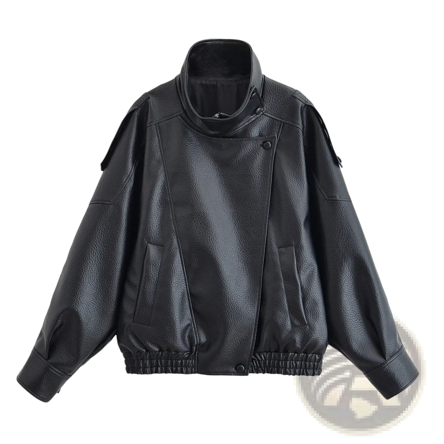 Black Litchi Leather Bomber Jacket for Women
