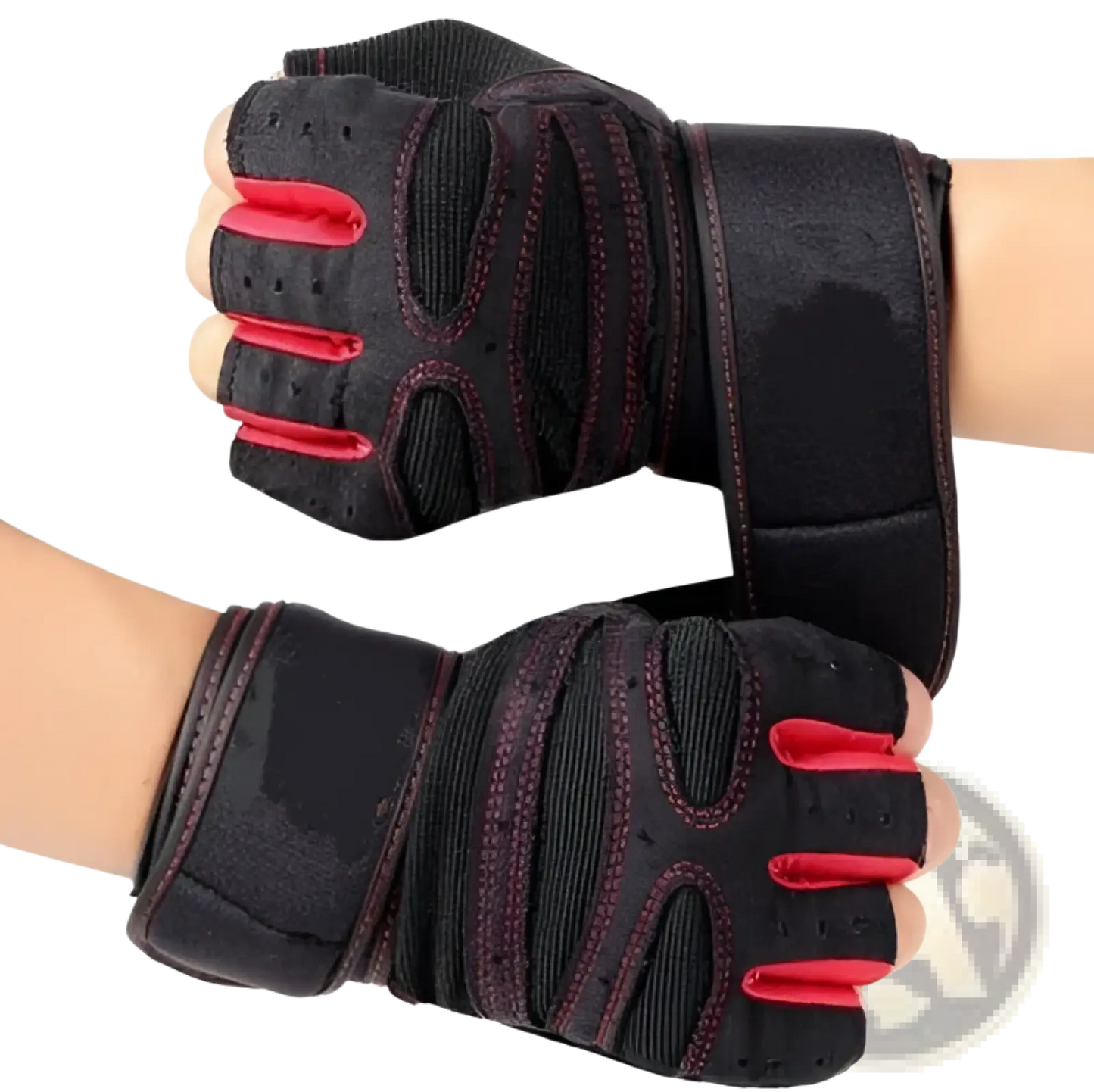 Black and Red Mesh Weightlifting Gloves with Wrist Straps