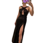 Black Sequined Halter Neck Evening Gown with High Slit